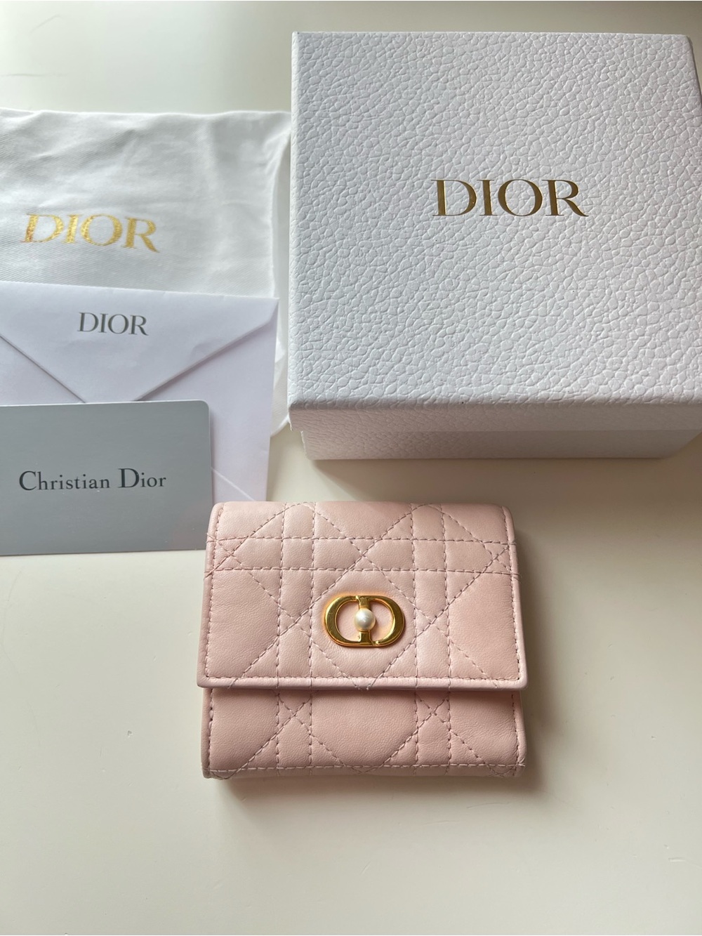 Dior Light Pink Quilted Leather Card Wallet with Gold Hardware